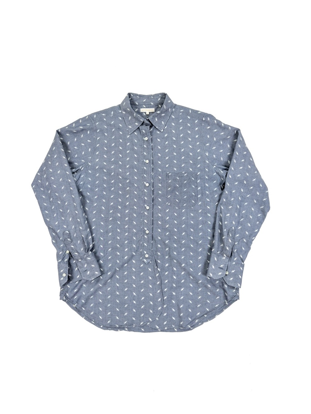 Ann Mashburn Boyfriend Shirt Chambray Embroidered Floral Cotton Blend • Size L